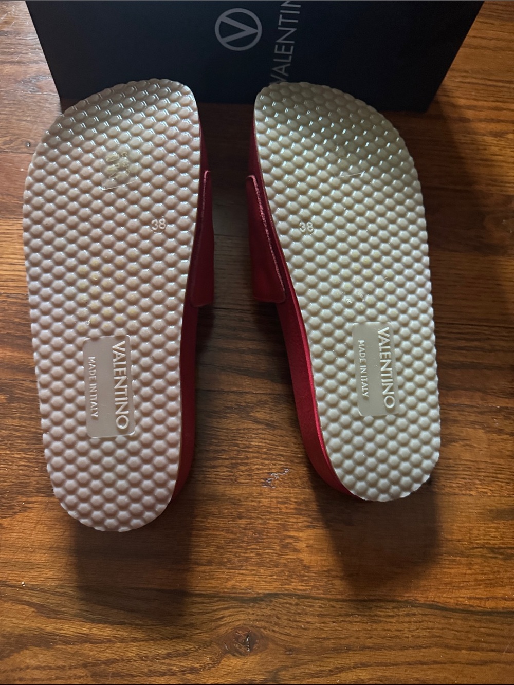 Valentino Red Embossed Logo Leather Slide Sandals - Picture 2 of 3